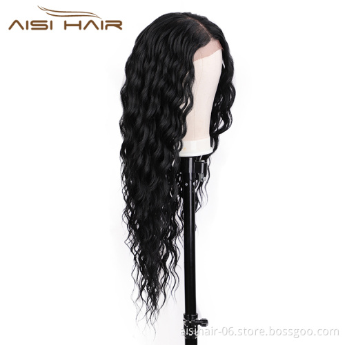 Aisi Hair High Quality 22 Inch Long Wavy Black Color Wig Water Wave Swiss Lace Wig Wholesale Synthetic Hair Wigs For Black Women
